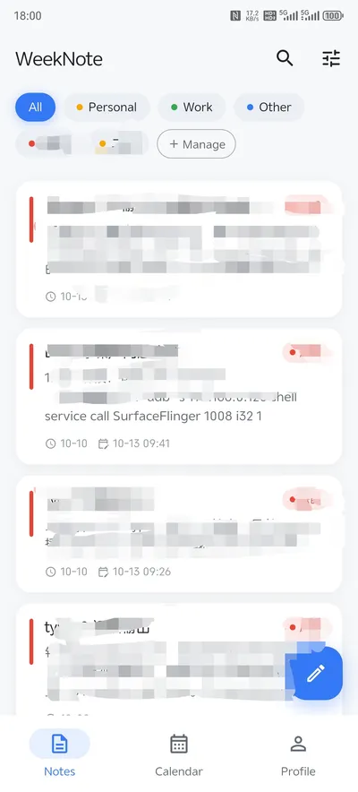 WeekNote note list with category tags