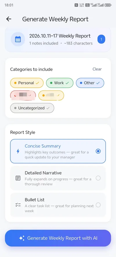 AI weekly report setup screen